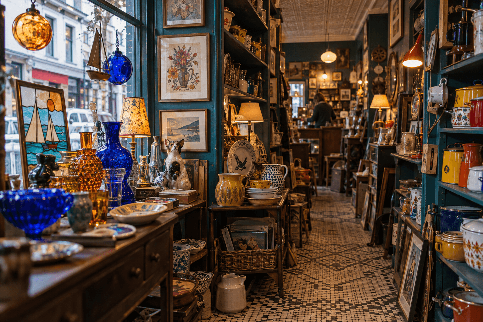 A colourful vintage homewares resale shop